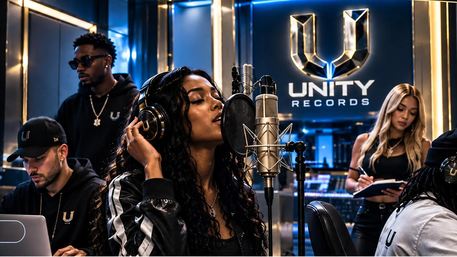 Unity Records artists recording in a studio beneath the Unity Records logo