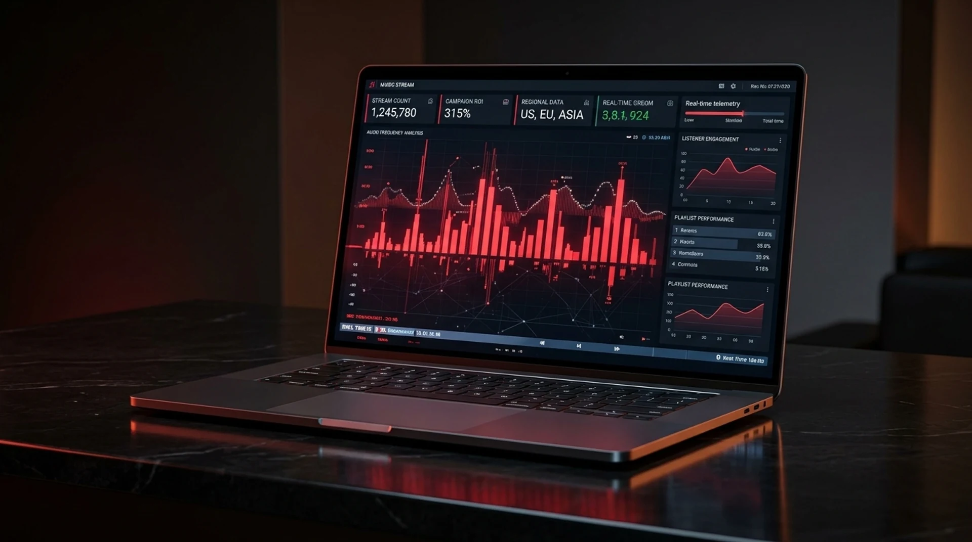 An analytics dashboard showing stream performance and telemetry