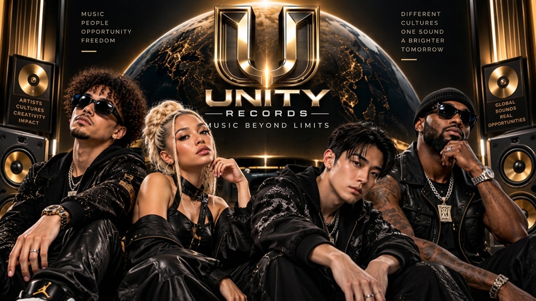 Unity Records artists in front of the gold U logo, globe, and studio sound monitors