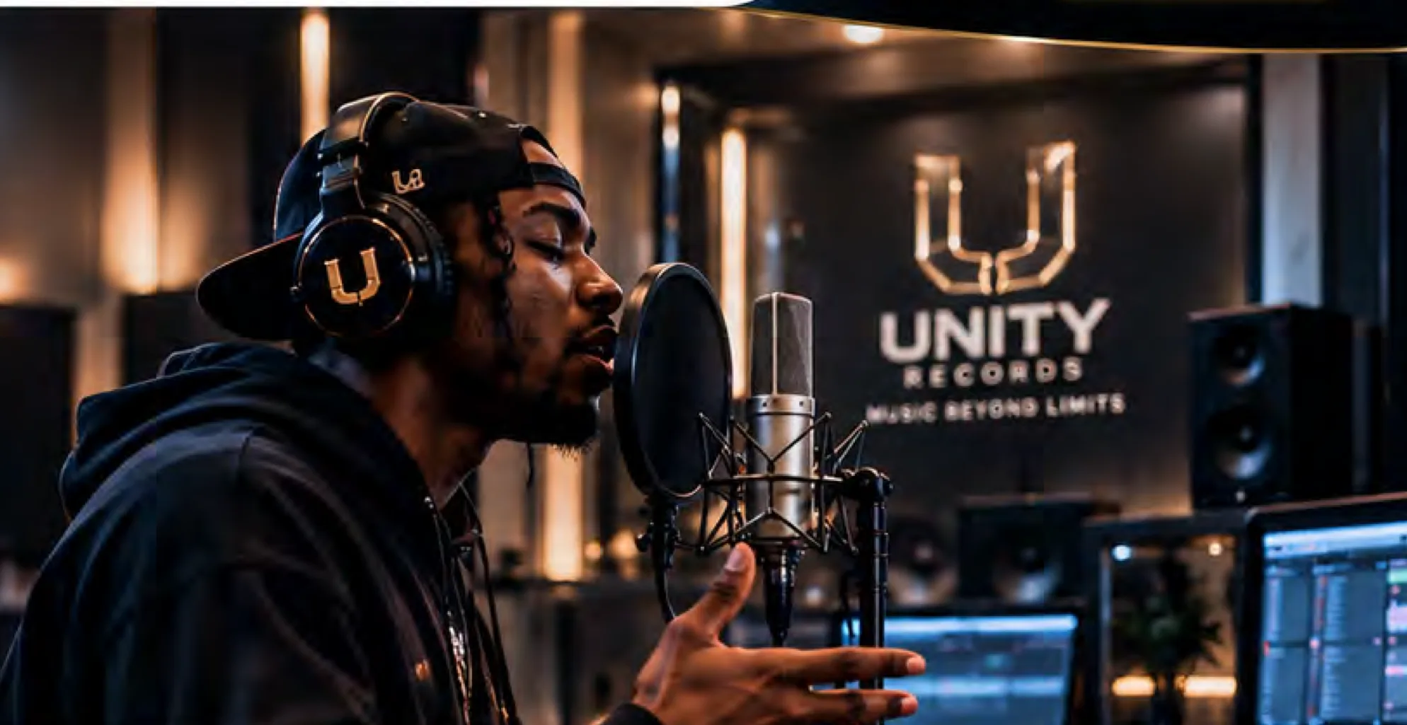 An artist recording vocals in a Unity Records studio