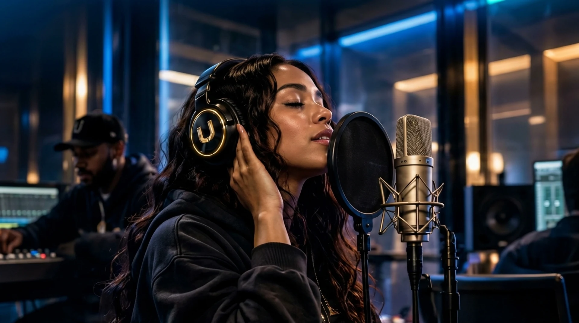 A vocalist recording in a studio booth