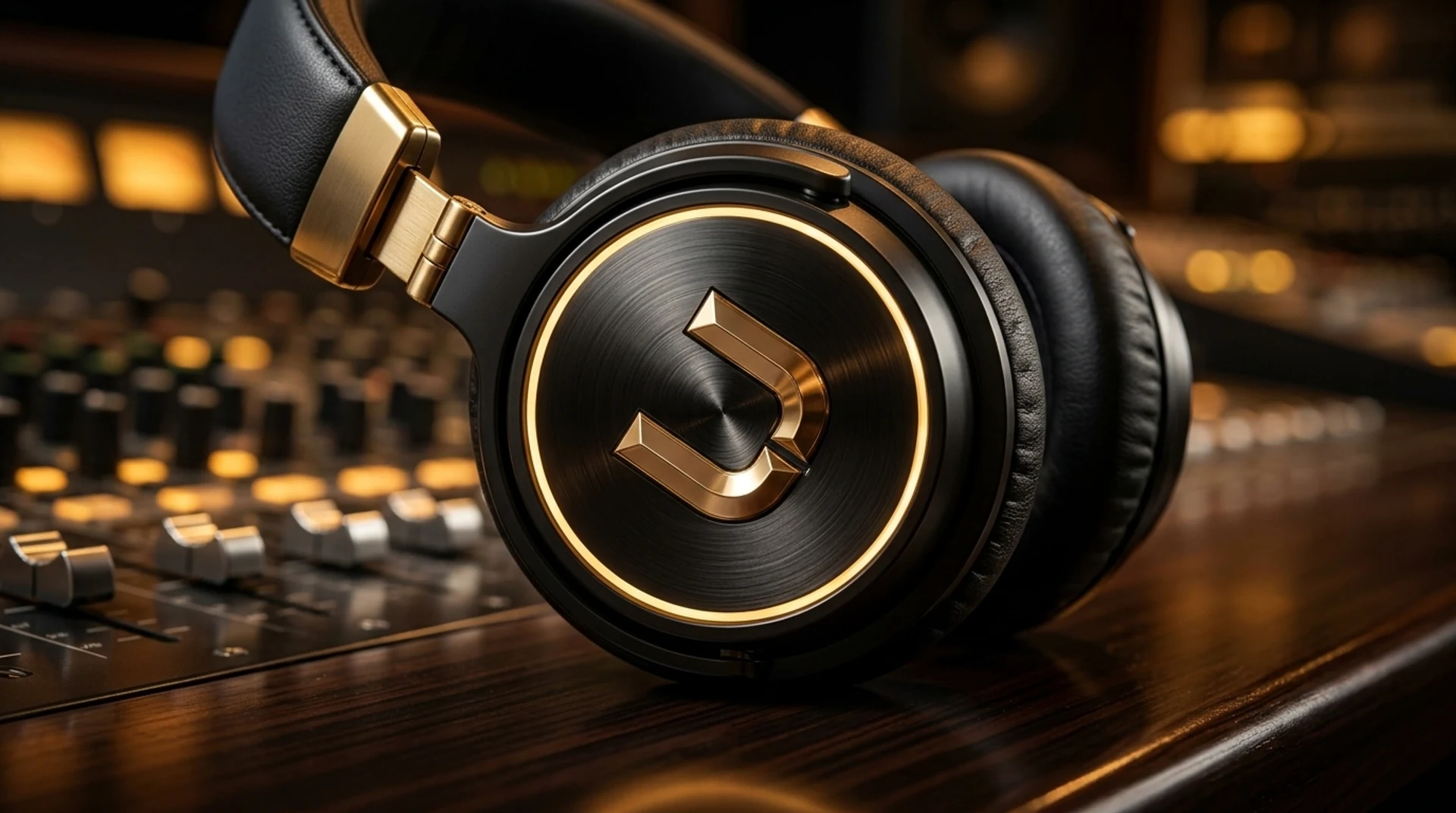 A gold Unity Records emblem on luxury studio headphones